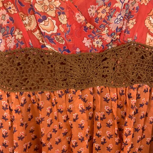 Vtg Y2K ECI New York Silk Dress Womens Sz 14 Orange Red V-Neck Long Sleeve Boho - Picture 3 of 9